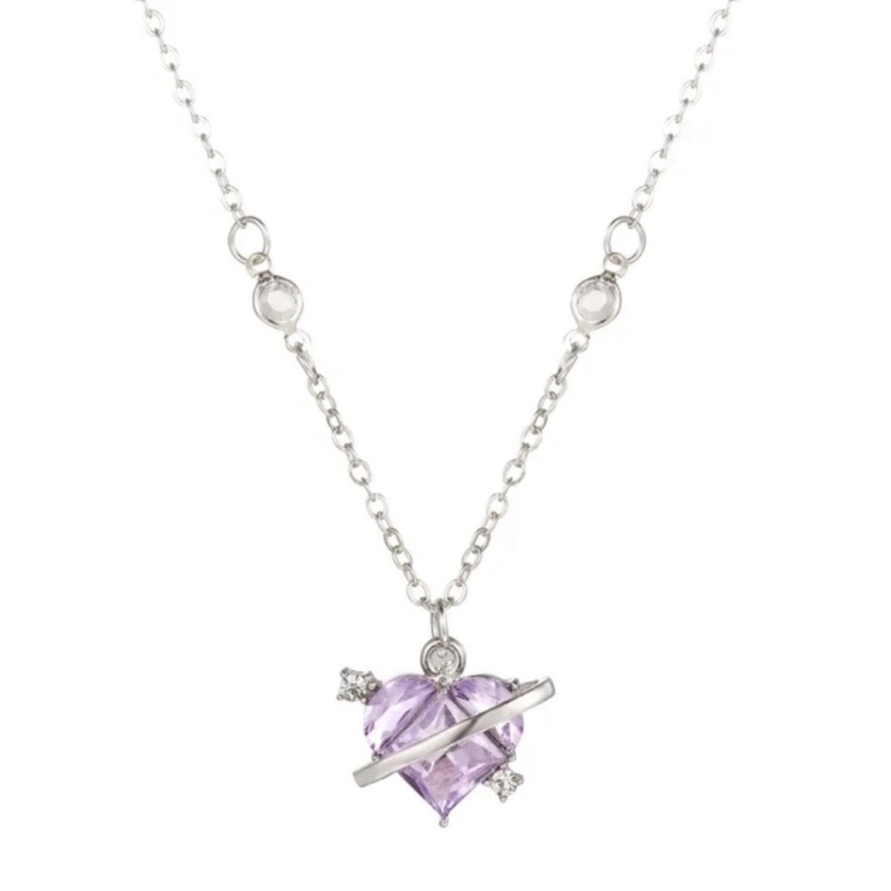 Silver Color Heart Necklace with a Purple Rhinestone - Picture 6 of 6